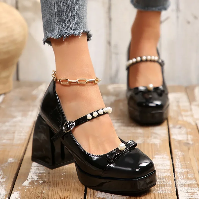 

Women's Mary Jane Oes Spring Square Head High Heel Thi Boted Retro Bow Pearl Buckle Strap Party Wedding Shoes Platform Pumps