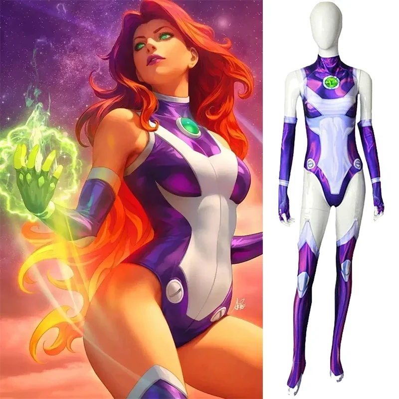 Disfraz de Cosplay de Anime Teen Titans, Traje de Starfire, Mono de Cosplay, Disfraz de Superhéroe, Accesorios de Disfraz de Halloween