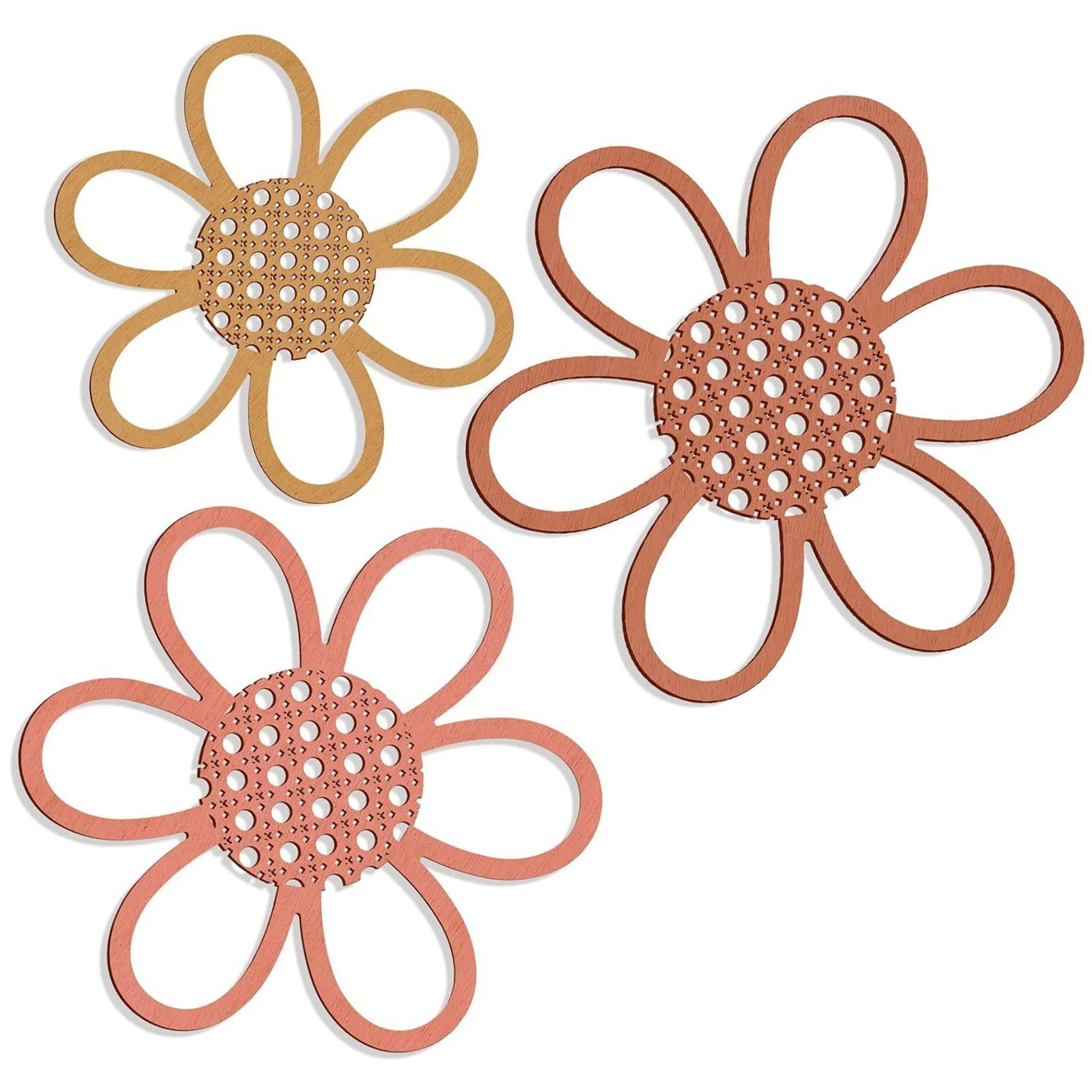 3pcs Boho Daisy Wooden Wall Decor Rattan-Inspired Flower Wall Art Bohemian Hollowed Floral Wall Hanging for Nursery Living Room