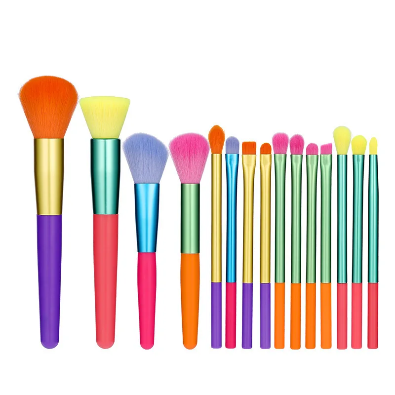 Ensemble de pinceaux de maquillage arc-en-ciel, Kit de pinceaux pour fard à paupières et Blush colorés bonbons, outils cosmétiques professionnels végétaliens pour artistes, 15 pièces