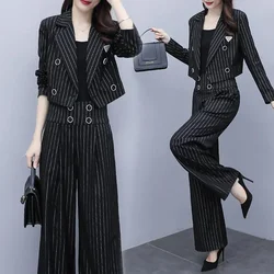 Spring Autumn Two piece set Women's New Slim Temperament Korean version Fashion Suit Striped Short Jacket Wide leg pants Female