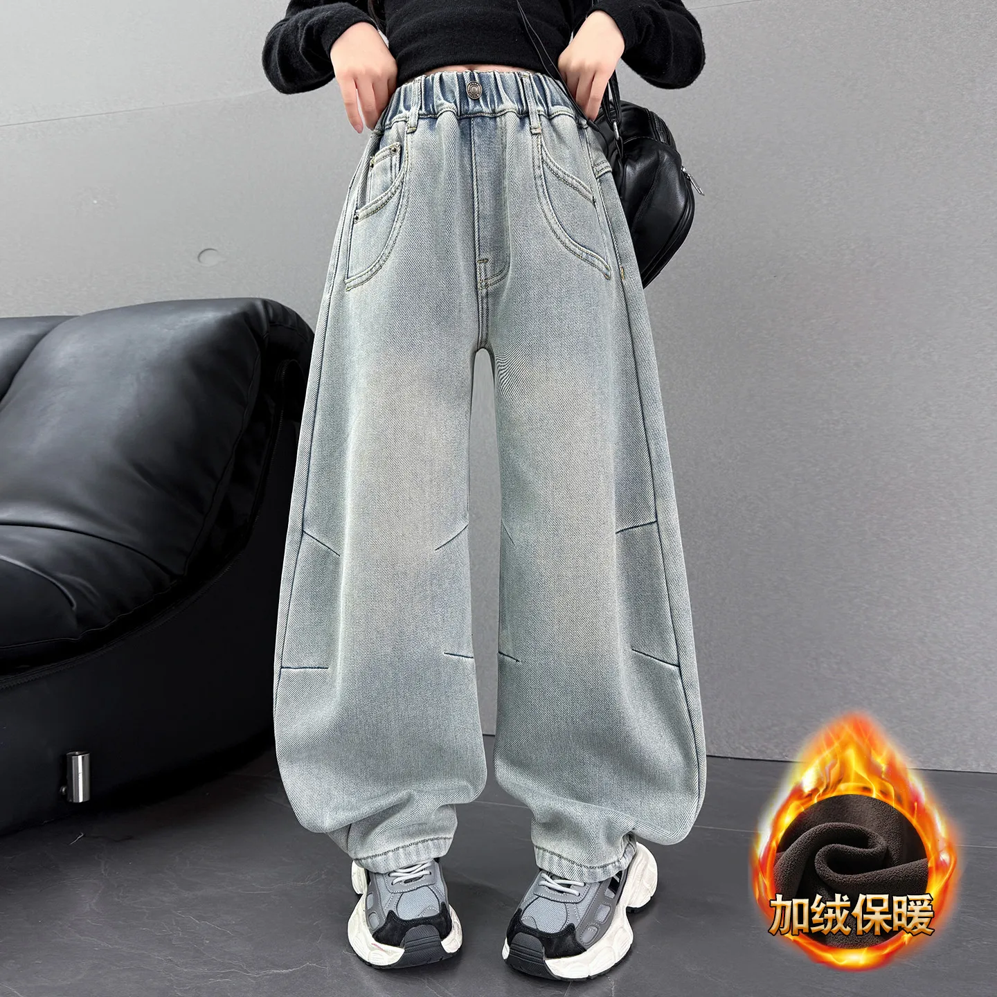 Celana Jeans Fleece Anak Perempuan Musim Gugur Musim Dingin Kasual Retro Banana Denim Celana Panjang Fashion Anak Pinggang Elastis Berinsulasi Melengkung Usia 4-14 tahun