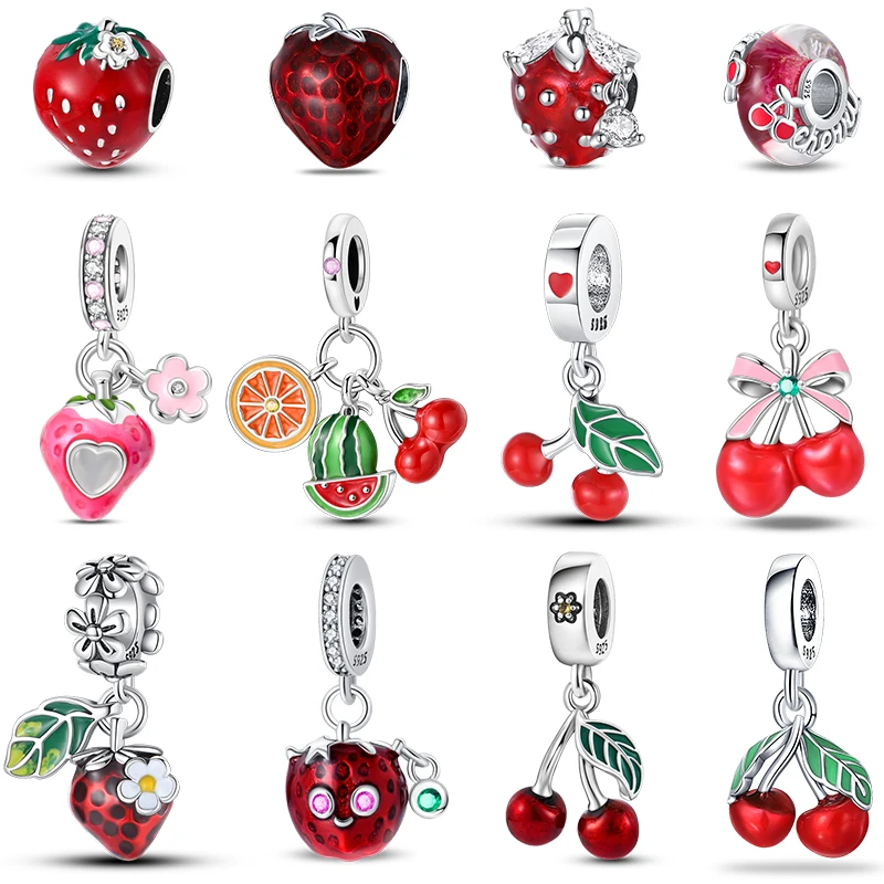 925 Silver Color Strawberry Cherry Apple Avocado Fruit Charms Beads Fit Pandora 925 Original Bracelets Fine DIY Birthday Jewelry