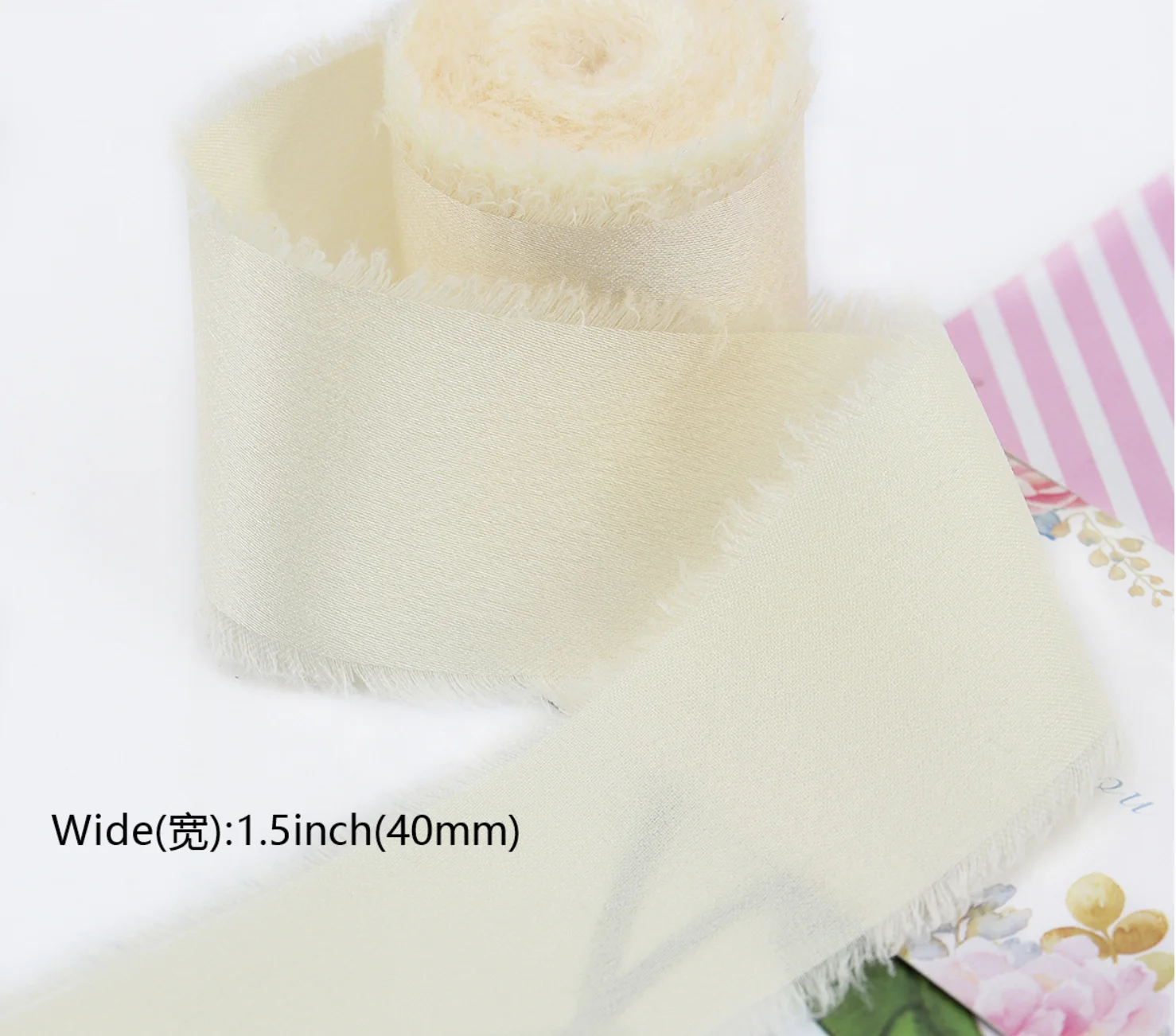 

Белая шелковая атласная лента 1-1/2 дюйма x 15, потертые ленты ручной работы цвета слоновой кости для упаковки подарков, свадебные букеты для детского душа