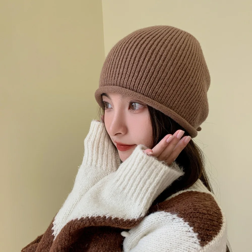Hot Sale Knitted Pile Cap Solid Windproof Drawstring Stack Hat Ear Protection Knitted Beanies Women