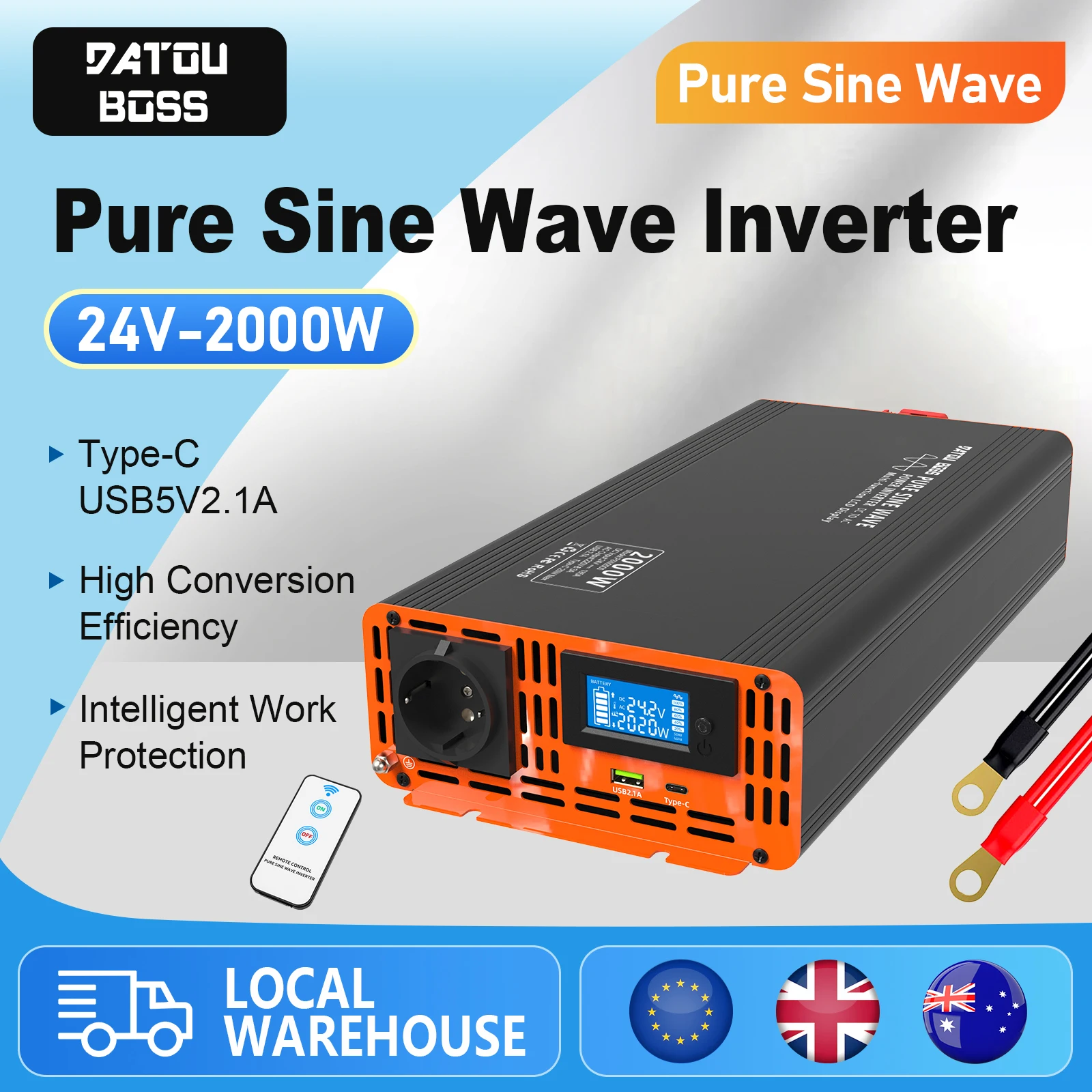 Inversor de Onda Sinusoidal Pura MFUZOP PSW 12V 2000W, Potencia Máxima 4000WDC a AC 110V, Inversor para Auto, con Pantalla LCD y Puerto USB Tipo-C
