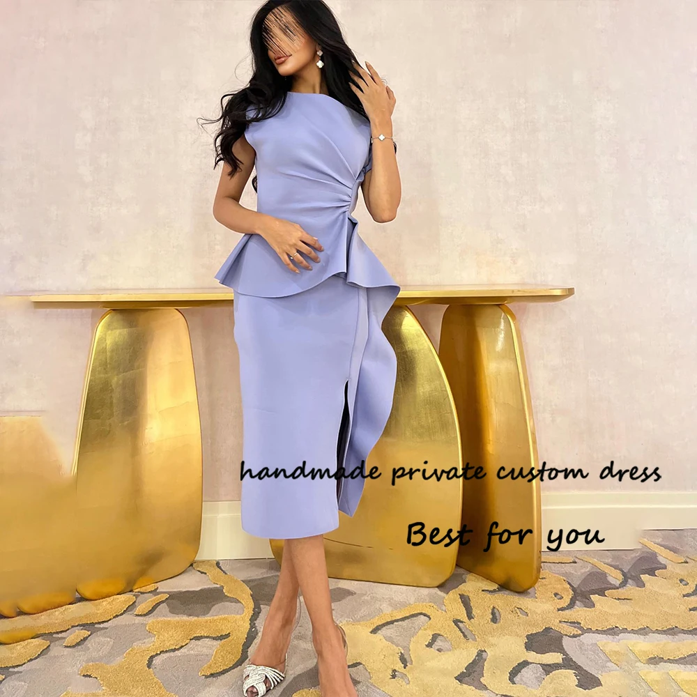 

Lavender Satin Mermaid Evening Prom Dresses with Slit Arabic Dubai Formal Dress Tea Length Elegant Occasion Prom Dress