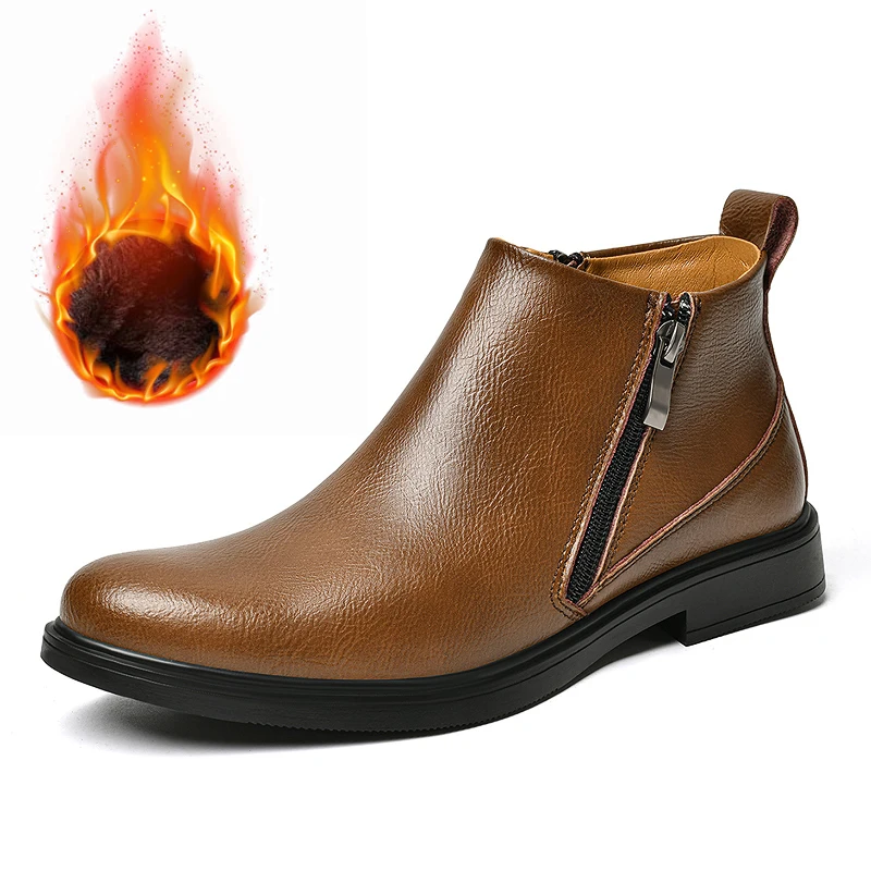 Big Size Winter Fur Snow Boots Men's High Top Leather Casual Shoes Warm Plush Thermal Insulated Fleece Lined Ankle Boots Outdoor