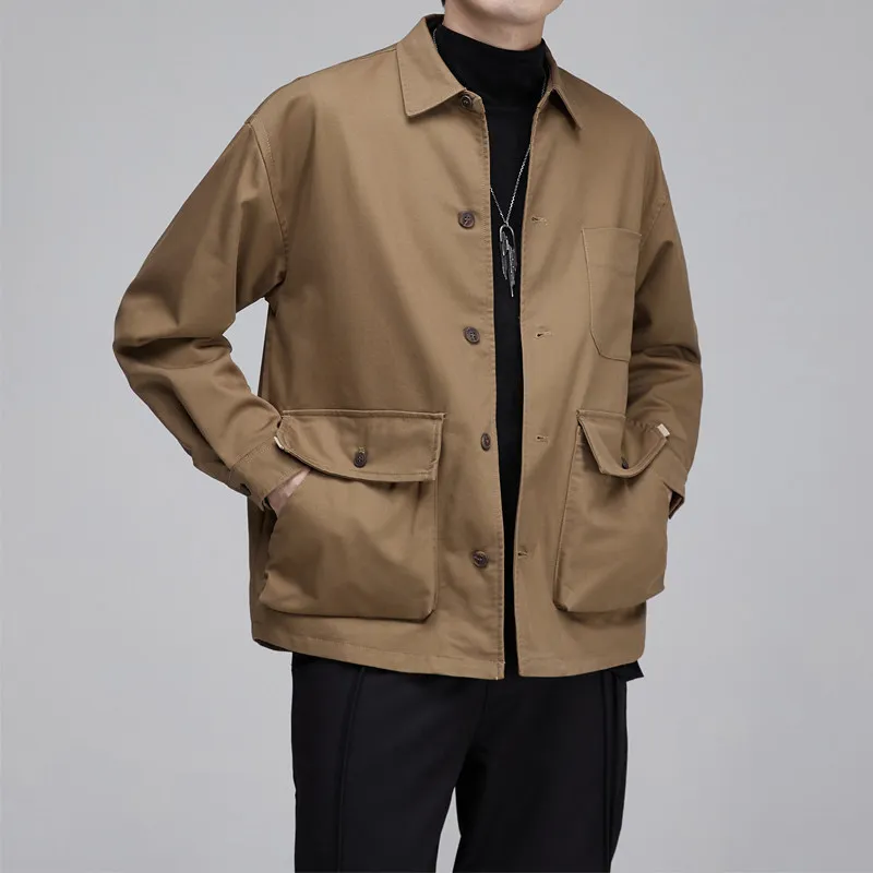 High Quality Japanese-Style Retro Multi-Pocket Jacket Fashion Short All-Match Simple Autumn and Winter Men's Coffee Color Coat