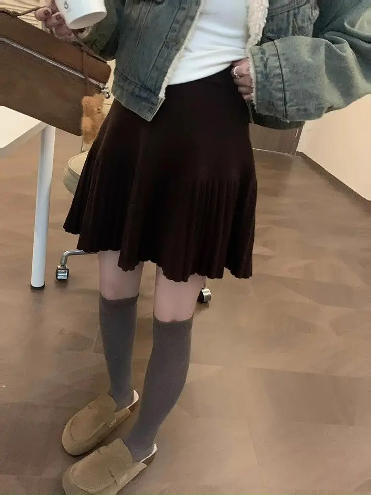 

High Waist Mini Skirt Women Knitting Design Pleated Elastic Waist A-line Gentle Temperament Korean-style All-match Trendy Cozy