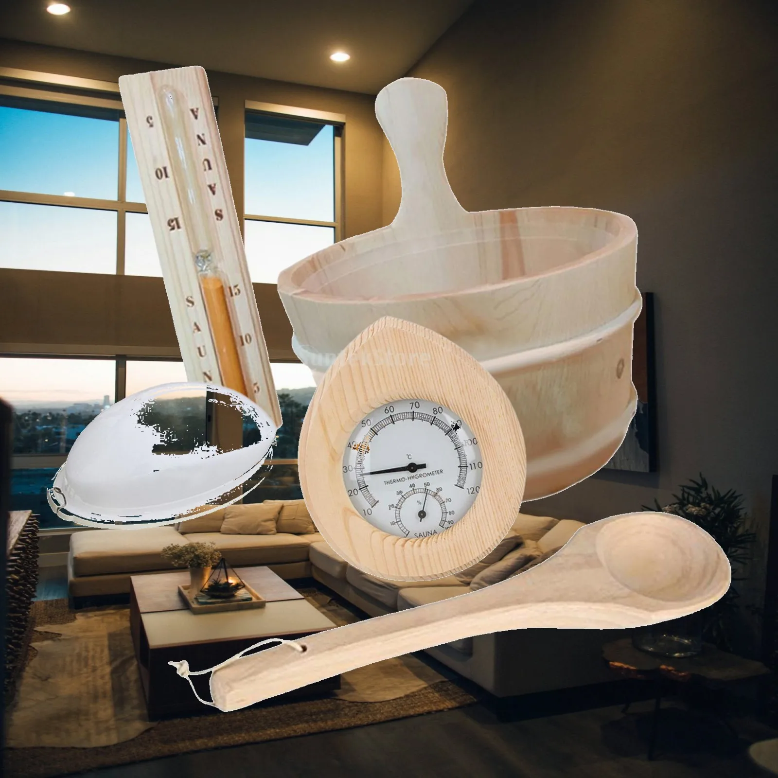 Sauna Accessories Set Sand Timer Portable Sauna Wooden Bucket and Ladle Kit for Hotels Sauna Heater SPA Centers Shower Houses