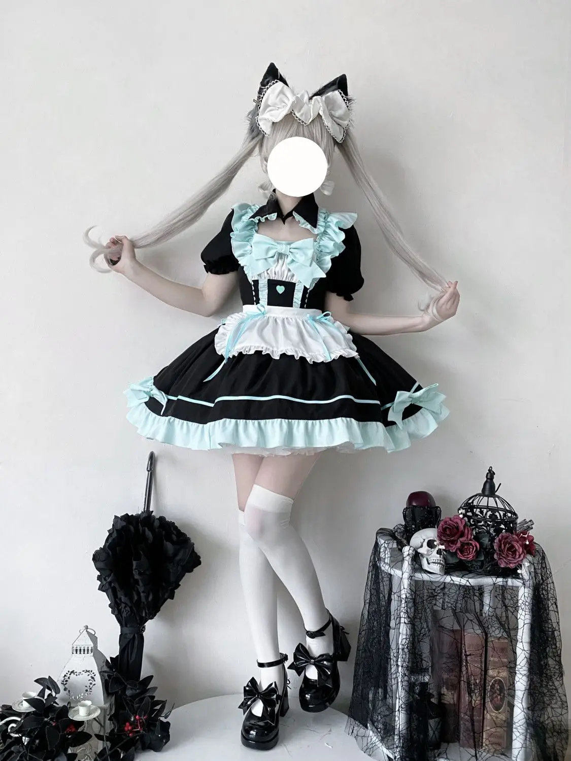 Kawaii Gothic Lolita Maid Dress Short Sleeve Kawaii Bow Maid Party Dresses Cosplay Cats Girl Harajuku Cute Pink Ruffles Black