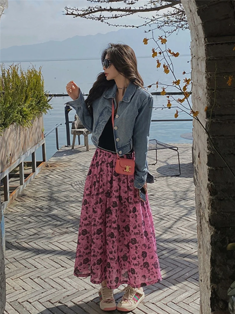 

Korean Fashion Elegant Women's Skirts Rose Print A-line Long Maxi Skirts Spring Summer Loose Skirt With Pocket 2025 New Clothing