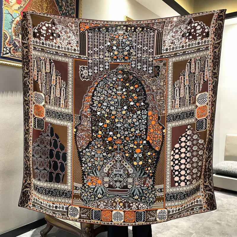 

High-end Elegant Women Fine Persian Carpet Exotic Style Double-sided Print Quality Silk Wool Hand-rolled Edge Big Scarf Shawl