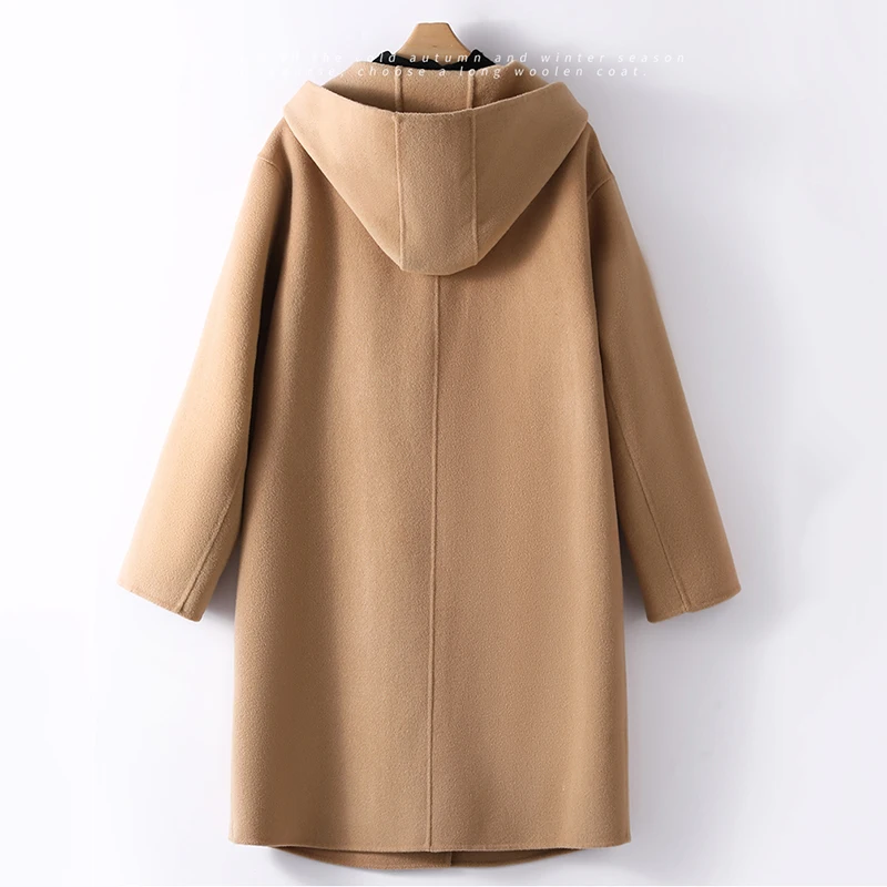 Fashion Hooded Double-sided Cashmere Coat Women 2024 Autumn Winter Double-sided Woolen Windbreakers Temperament Slim Wool Coats