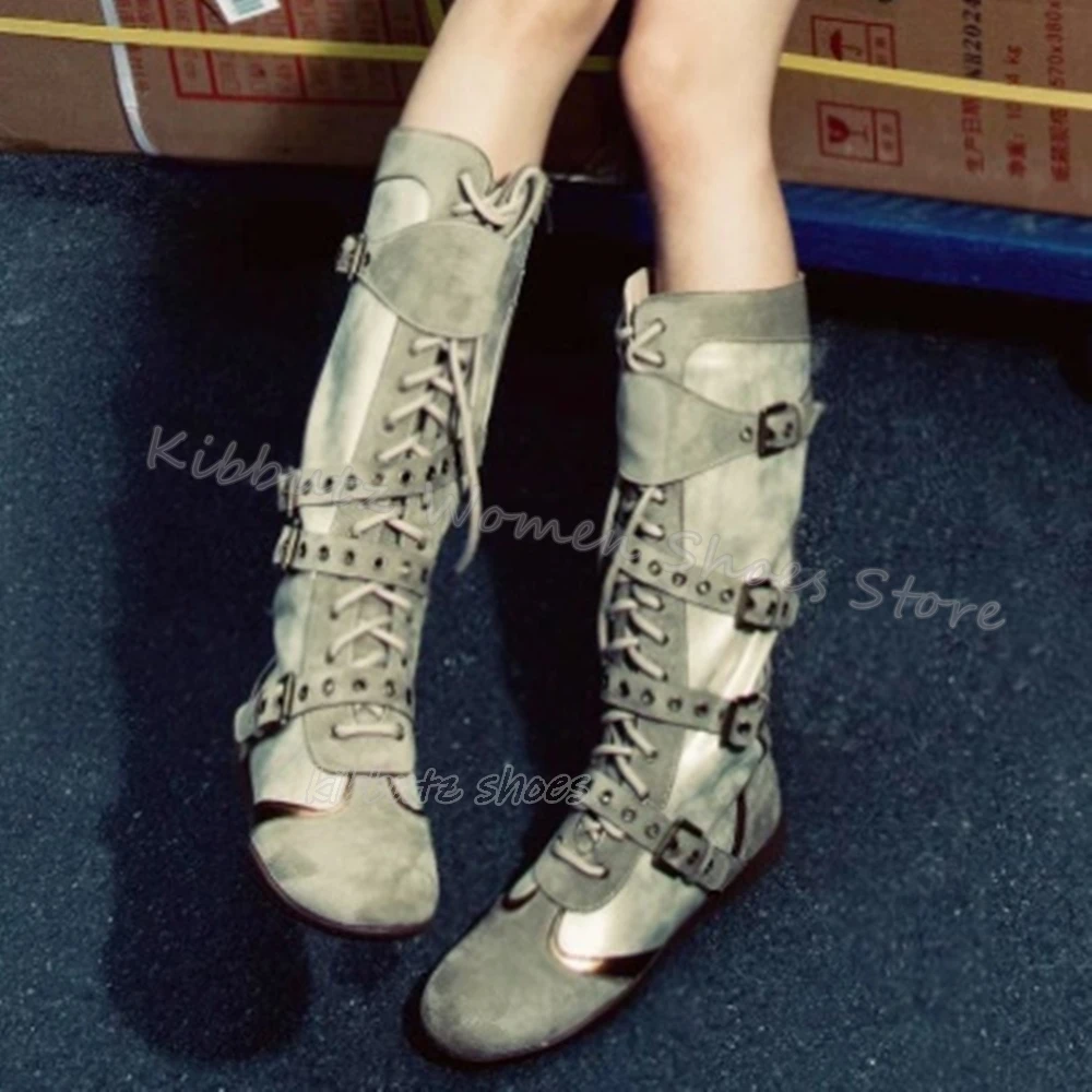 

Suede Knee High Boot Lace-Up Rivets Belt Buckle Cowboy Fashion Sexy Concise Sexy Mixed Color Women Shoes Pointed Toe Flat With