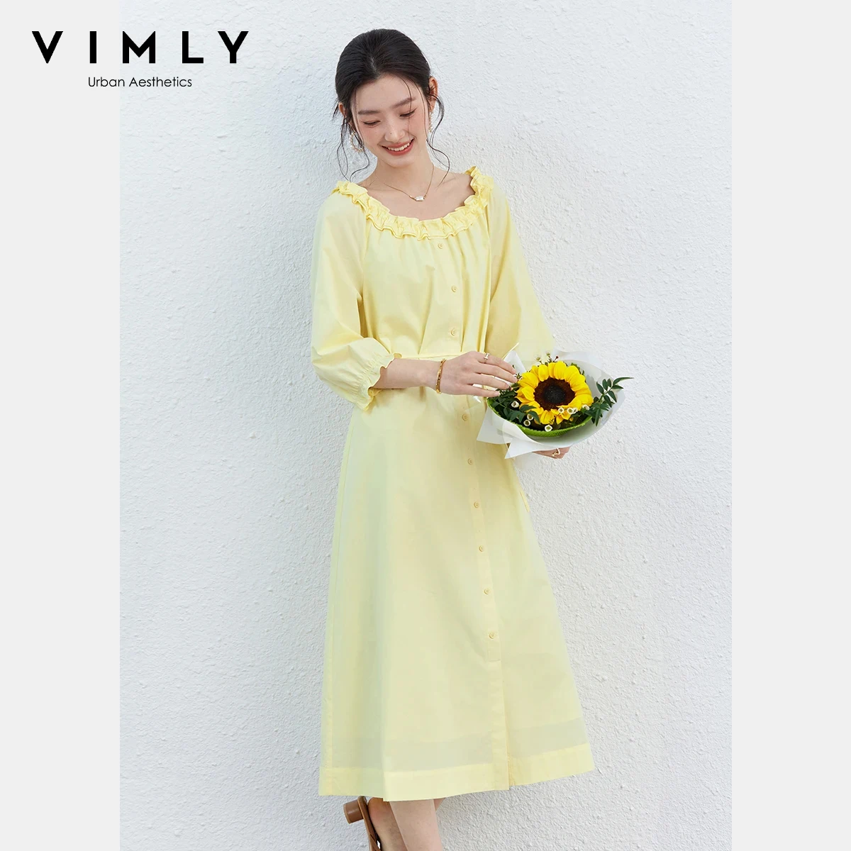 

VIMLY Women's Minimalist A-Line Dress 2026 Spring New French Elegant U-Neck Ruffled Neck Tie Waist 3/4 Sleeve Midi Dress A5369