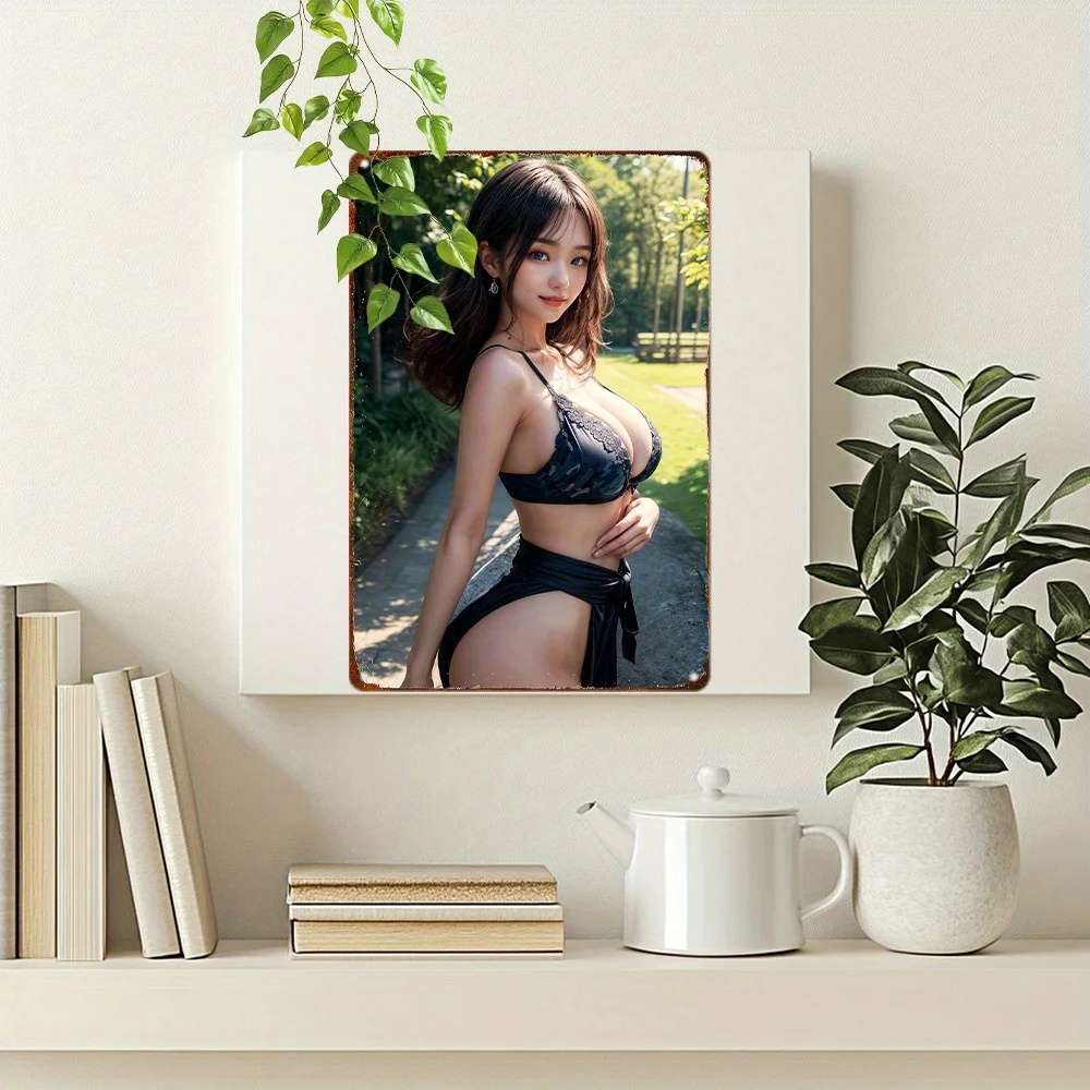 HD Metal Wall Art Outdoor Park Asian Bikini Beauty Pin Up Girl Vintage Metal Tin Sign for Man Cave Bar Decor