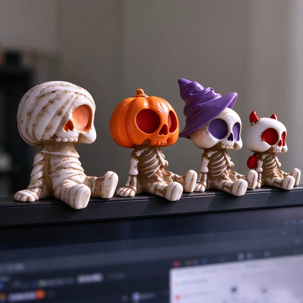 Cute DIY 4PCS Mini Figurines Set, Spooky Resin Decor with Pumpkins Ghosts Skulls for Party Home Garden Landscape Decoration