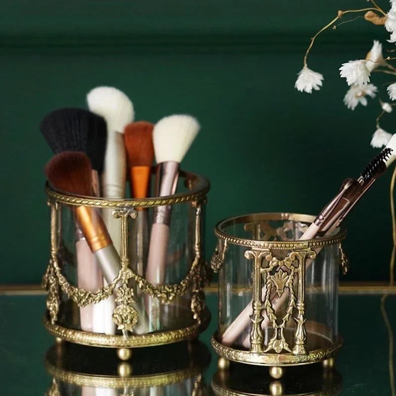 

1 европейская Индия импортированное винтажное латунное стеклянное ведро для хранения с гравировкой, держатель для кистей для макияжа, контейнеры для хранения
