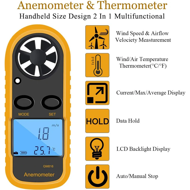 Digital Anemometer 0-30m/s Wind Speed Meter Mini Air Velocity Airflow -10°C ~ 45°C Temperature Tester with LCD Backlight