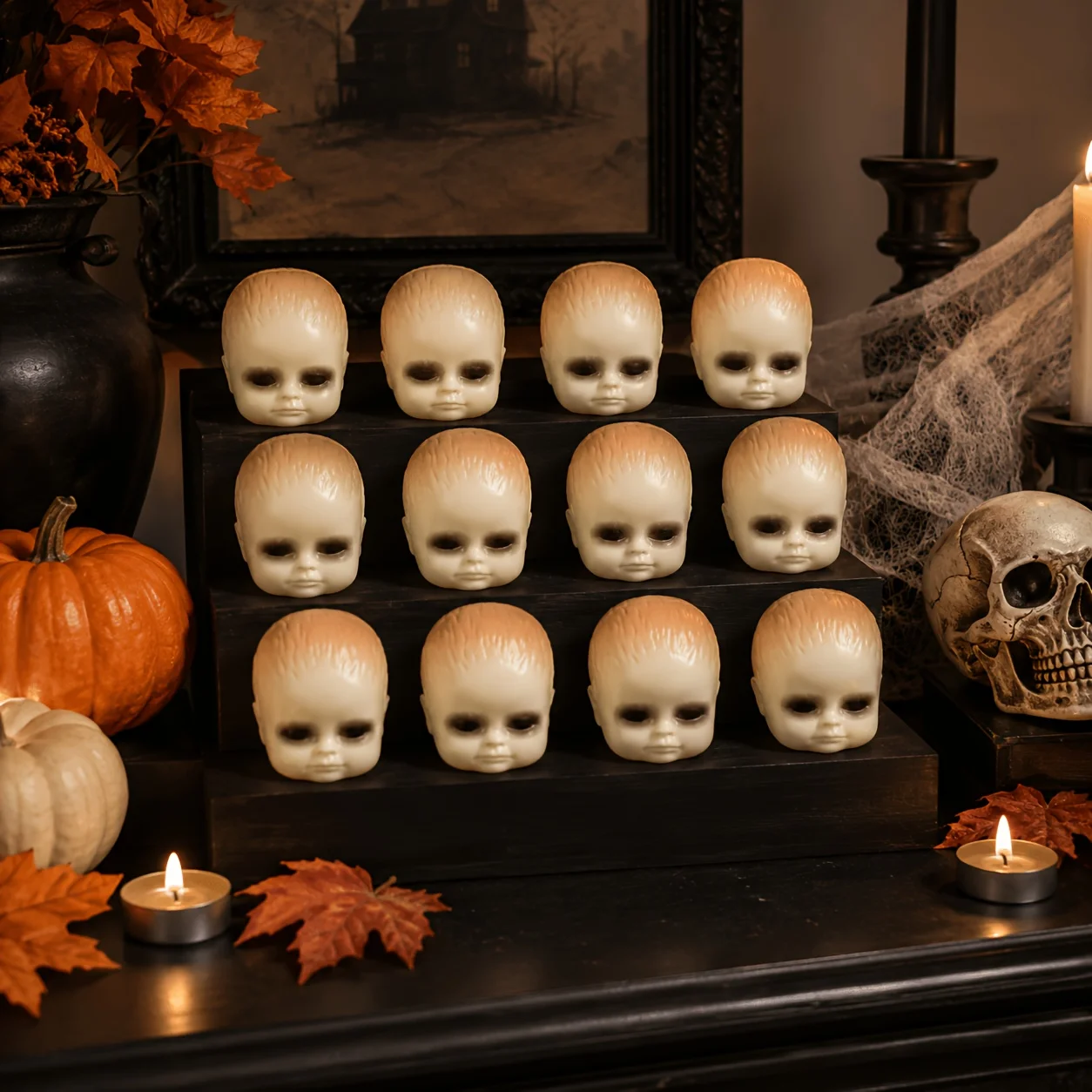 Têtes de squelette réalistes en plastique blanc avec yeux et bouche noirs, décorations effrayantes pour fête d'Halloween et de Noël, 12 pièces
