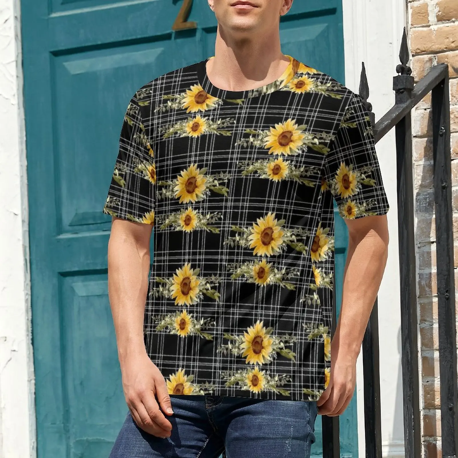 Beach T-Shirt Sunflower Black And White Plaid T Shirts Street Style Harajuku Tees For Men Short Sleeve Design Oversized Clothing