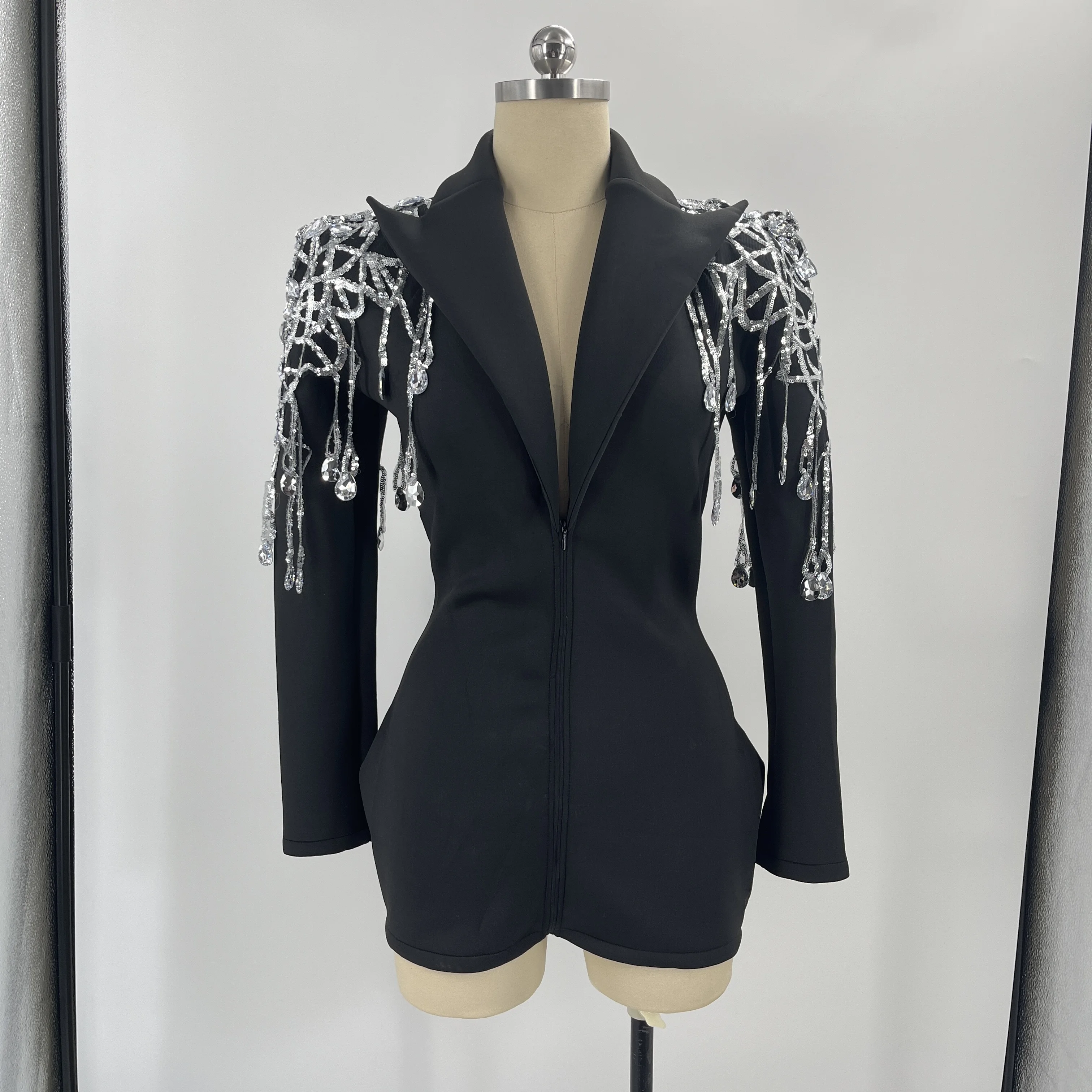 

Shiny Crystal Pearl Mini Skirt Black Fashionable Suit Collar Birthday Party Nightclub Club Queens Dress Singers Dress