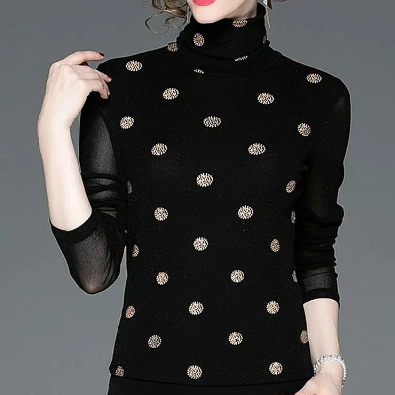 New Autumn and Winter Women\'s Solid Color Turtleneck Long Sleeve Lace Gauze Classic Pullovers Polka Dot Trendy Comfortable Tops