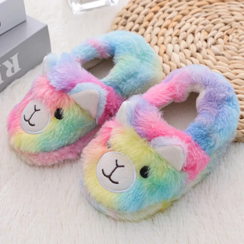 Toddler Girls Slippers for Winter Baby Boys Loafers Plush Warm Cartoon Alpaca Rubber Sole Home Shoes Kids House Indoor Footwear