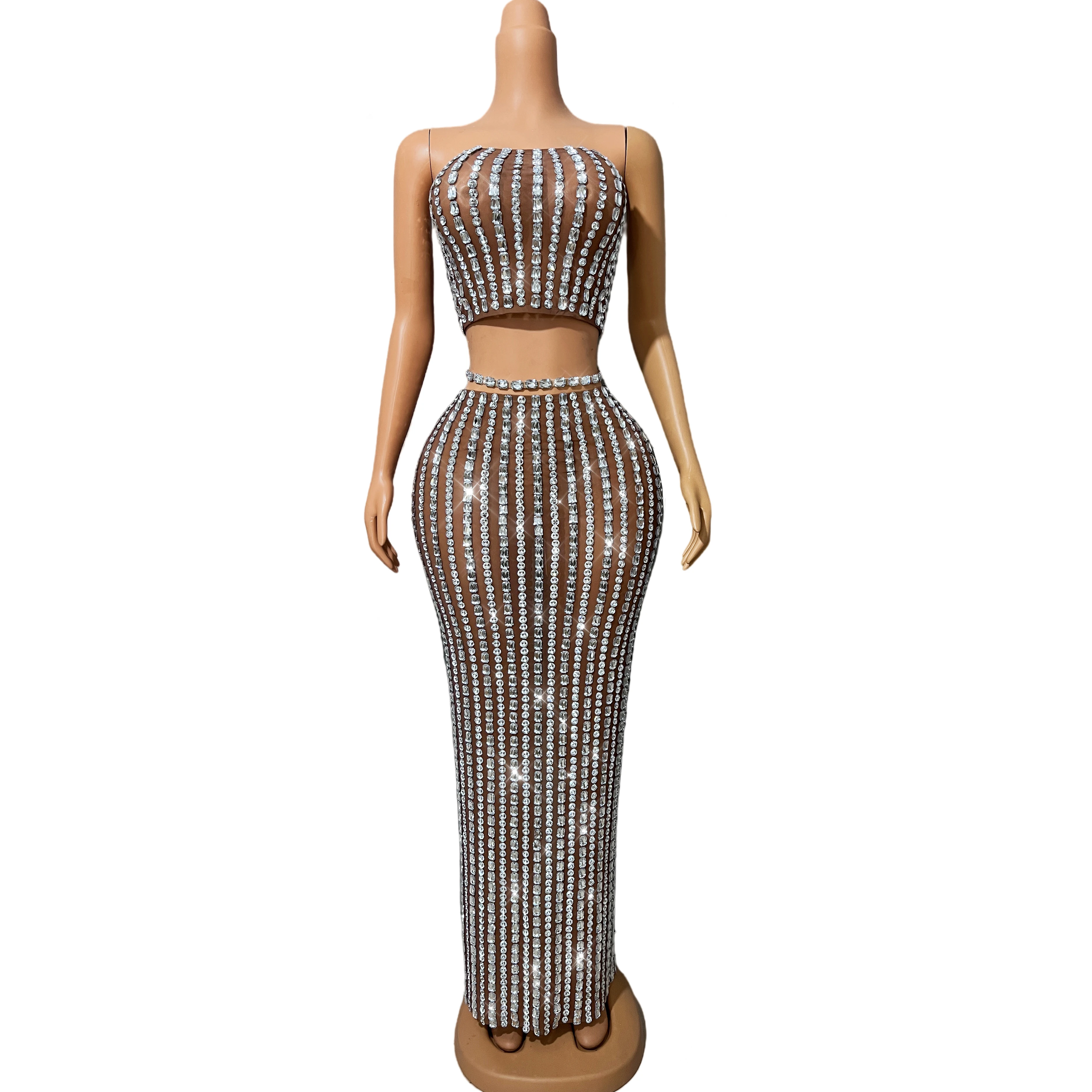 Novo conjunto de cintura oca dividido vestido brilhante strass sexy malha sem mangas roupa festa mostrar tapete vermelho traje palco pingxingx