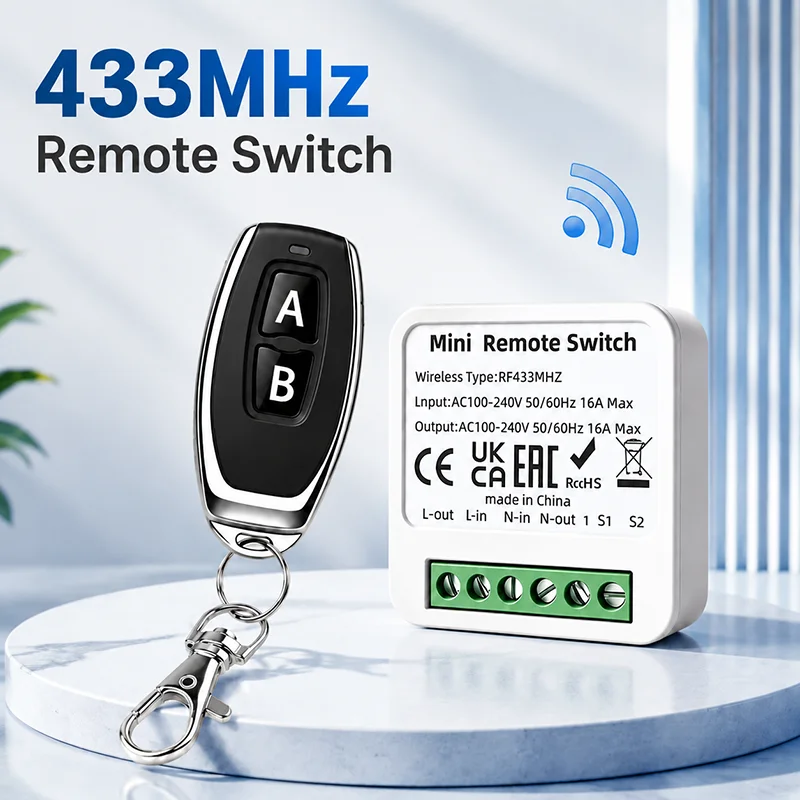 433MHz Mini Smart Wireless Remote Control Switch, 16A Relay Receiver for LED Lamp & Home Automation