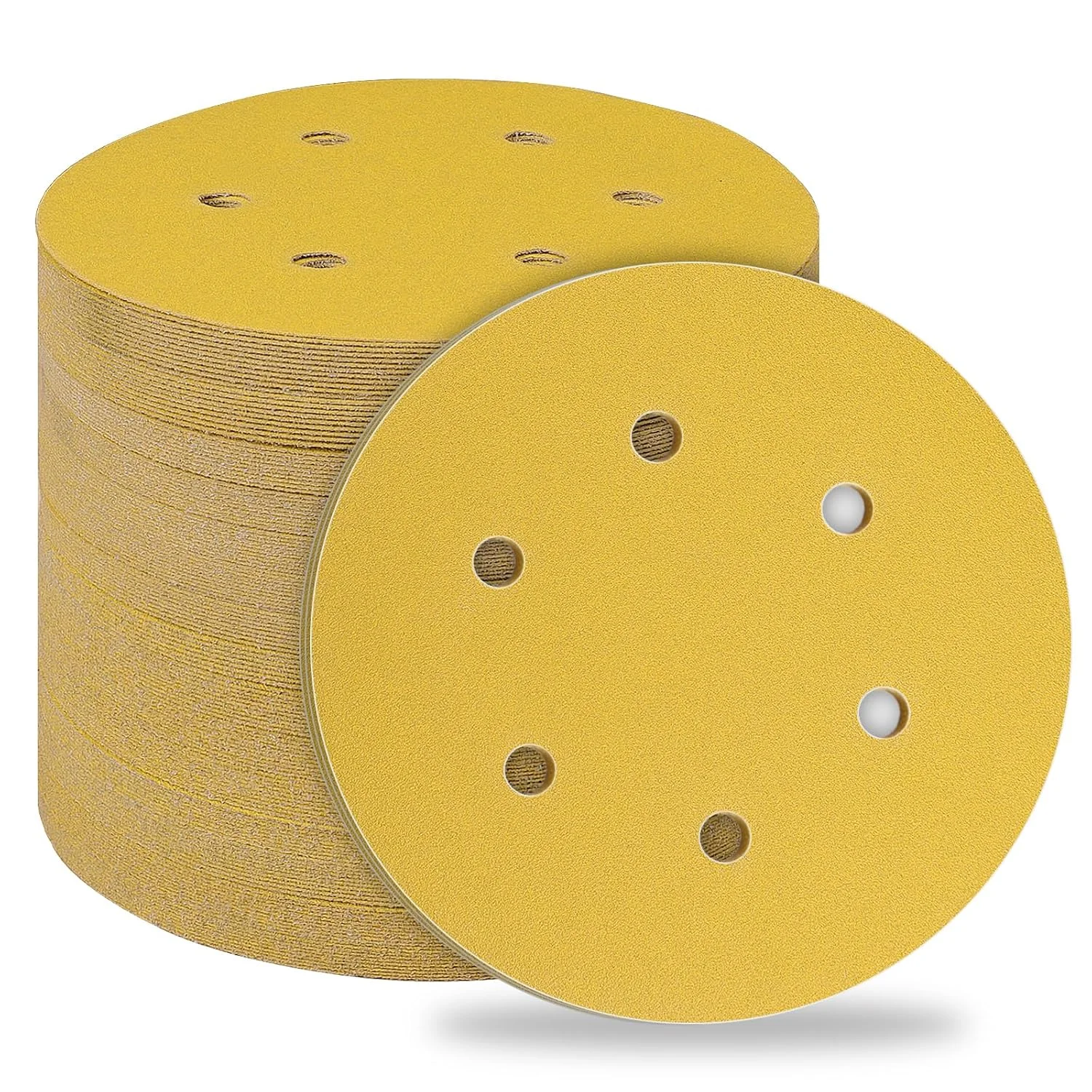 50pcs 6 Inch 150mm 6 Holes Yellow Sanding Discs Hook & Loop Sandpaper for Orbital Sander Wood Metal Polishing