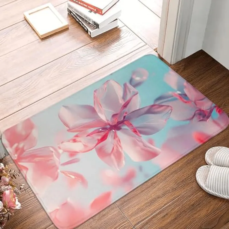 Soft Flannel Doormat Romantic Pink Flower Print Decorative Floor Mat for Entrance Bathroom Western Home Valentines Day