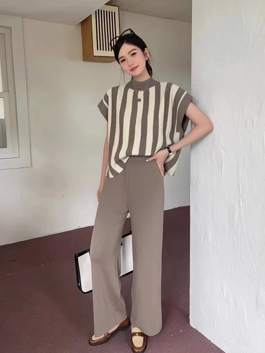 New Fashion Knitted Two Piece Set for Women Striped Half High Collar Casaul Loose Pullover Tops + Wide Leg Pants Sets Tracksuit