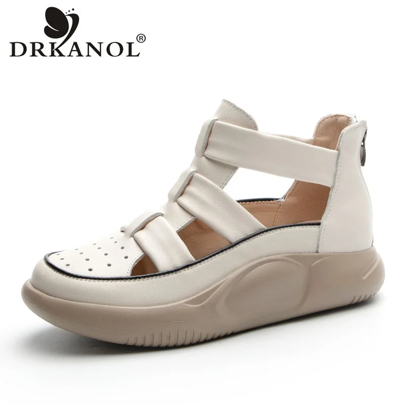 

DRKANOL Women Summer Shoes Cool Boots Hollow Breathable Genuine Leather Wedges Platform Zipper Ankle Boots Women Roman Sandals