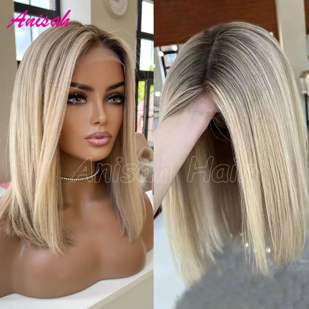 

Straight Short Bob Ombre Blonde Colored Glueless 5x5 Lace Closure Wig Pixie Cut Brazilian Lace Front Human Hair Wigs for Women