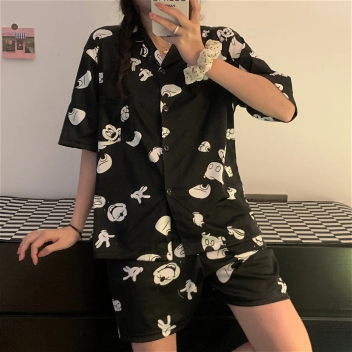 hibobi 2Pcs Summer Ladies Short-Sleeved Home Wear Set Cute Casual Breathable Cartoon Print Pattern Pregnant Women Home Wear Set