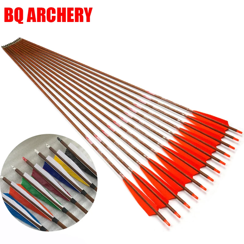 

6pcs Archery Carbon Arrows Wood Skin Spine500 32inch for Arrows 5inch Turkey Vanes 75gr Point Tips for Traditional Bow Hunting