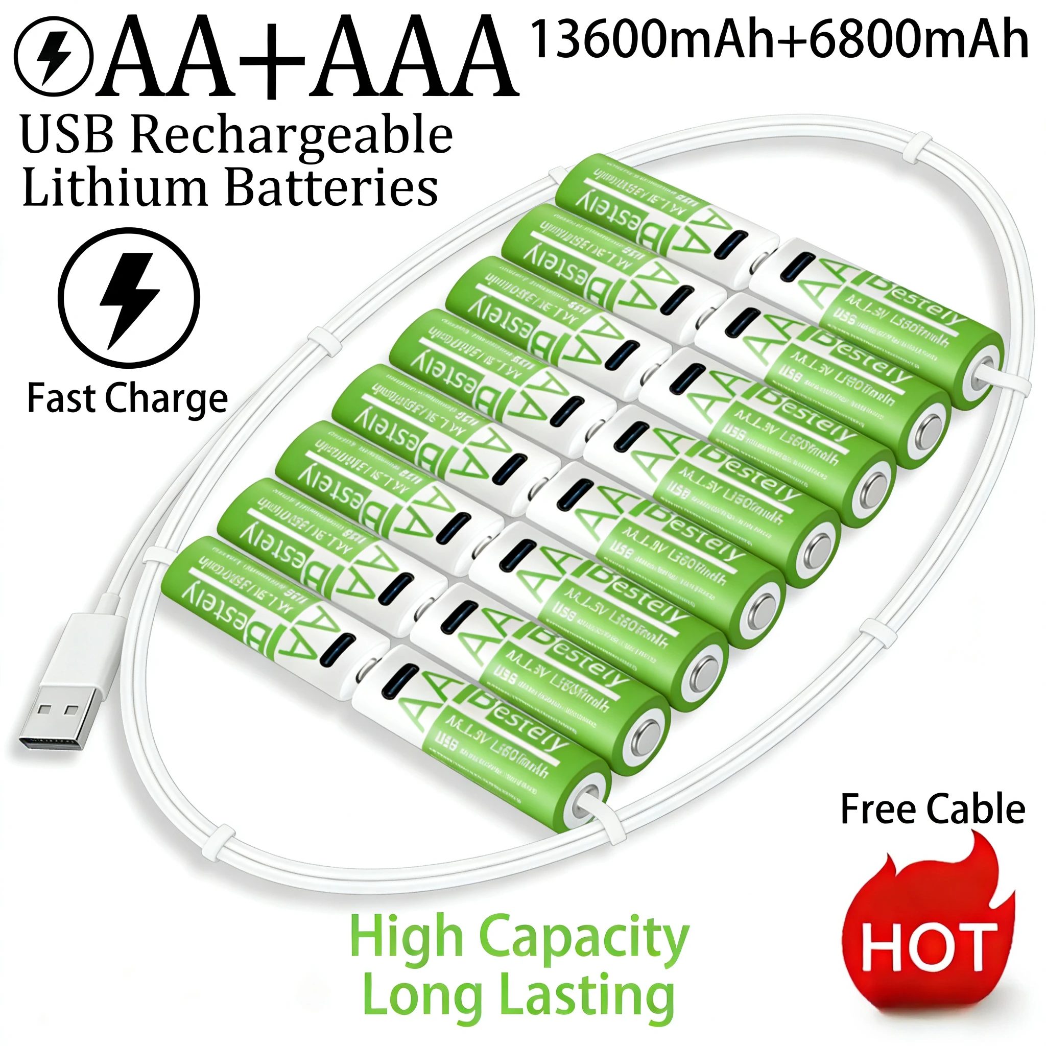 

New 1.5V AA 13600mAh + AAA 6800mAh Rechargeable Lithium Battery 2000 Cycles Fast Charging with Free USB-C Cable