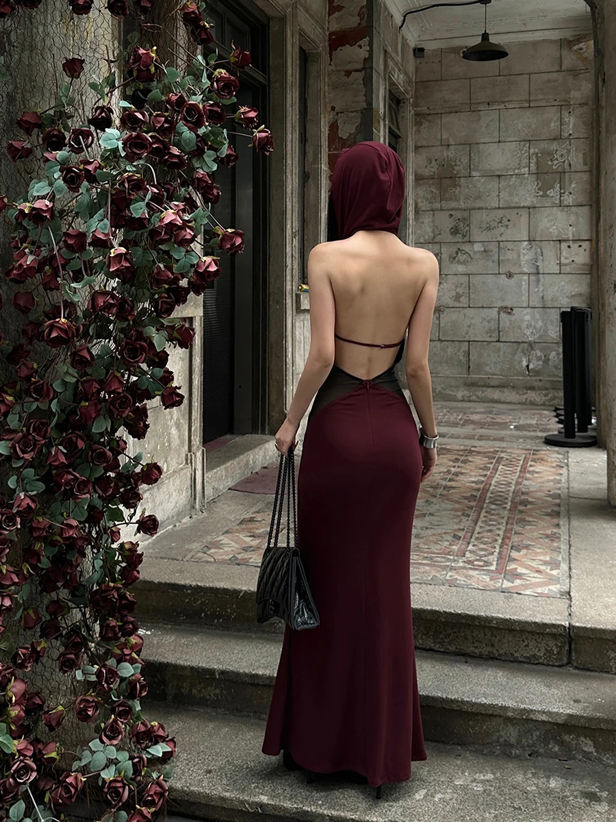 REDDACHiC Hooded Maxi Long Evening Dress Women Sheer Mesh Stitch Sleeveless Backless Slim Mermaid One-piece Sexy Prom Party Gown