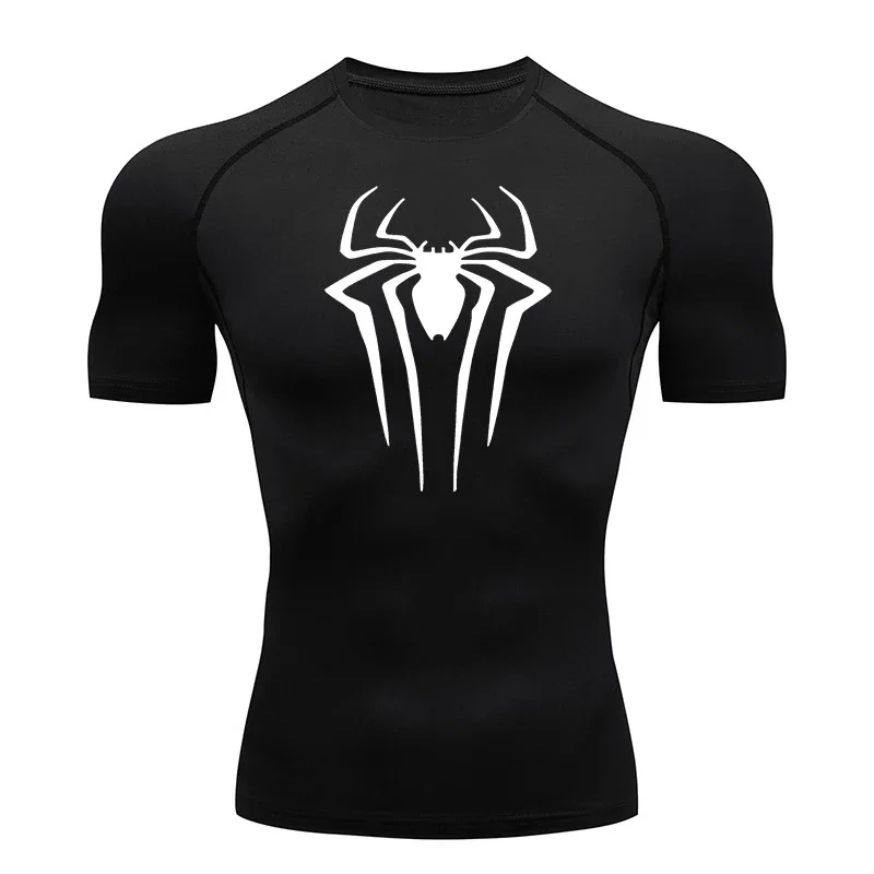 Spider Print Compression Shirts for Men Summer Short Sleeve Rash Guard Gym Workout Tshirt Athletic Quick Dry Undershirts Tops