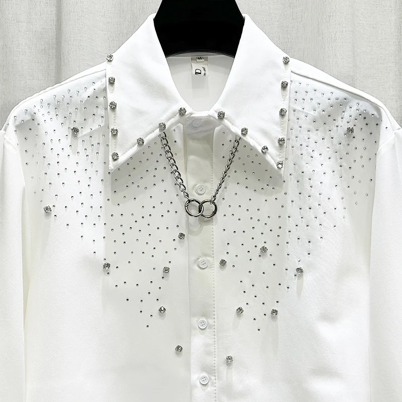 2025 New Fashion Trend Heavy Embellished Diamond Collar Shirt Handsome Men's Casual Versatile Loose Long Sleeve Shirt