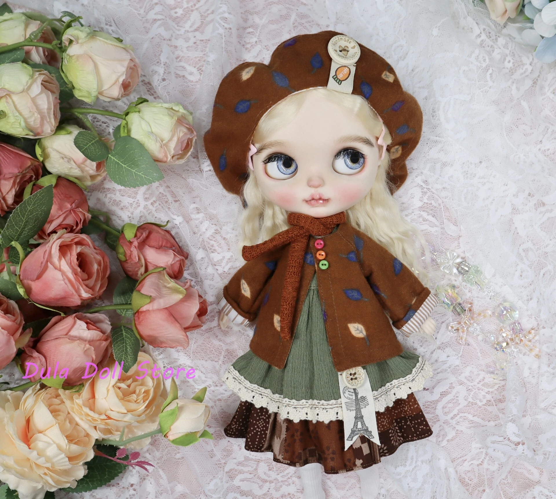 Dula Doll Clothes Dress Caramel Autumn Beret Set for Blythe Landoudou Landazz OB24 OB22 Azone 1/6 Doll