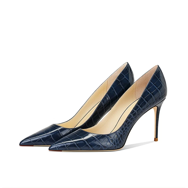 New pointed and slender heel style crocodile patterned blue high heels, high-end professional single shoes for women