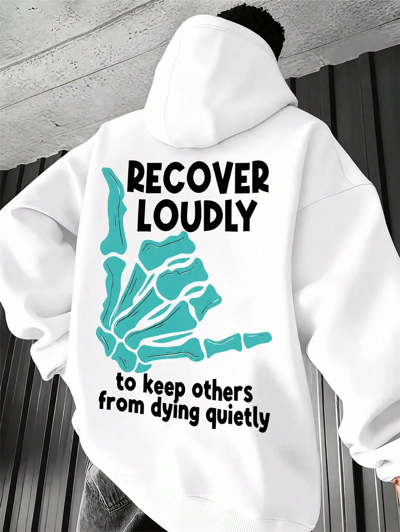 Men's Skeleton Hand Slogan Back Print Pullover Hoodie, Loose Long‑Sleeve Hooded Sweatshirt, Casual Streetwear For Daily Wear & Weekend Hangout