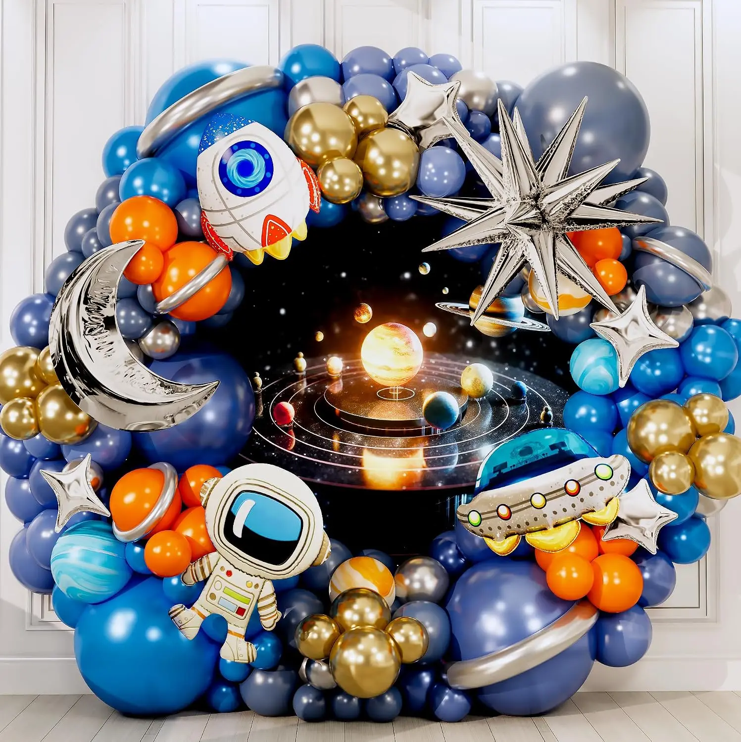 The Outer Space To The Moon Blue Orange Grey Astronaut Rocket UFO Balloon Garland Arch Kit for Galaxy Birthday Party Decoration - view 5