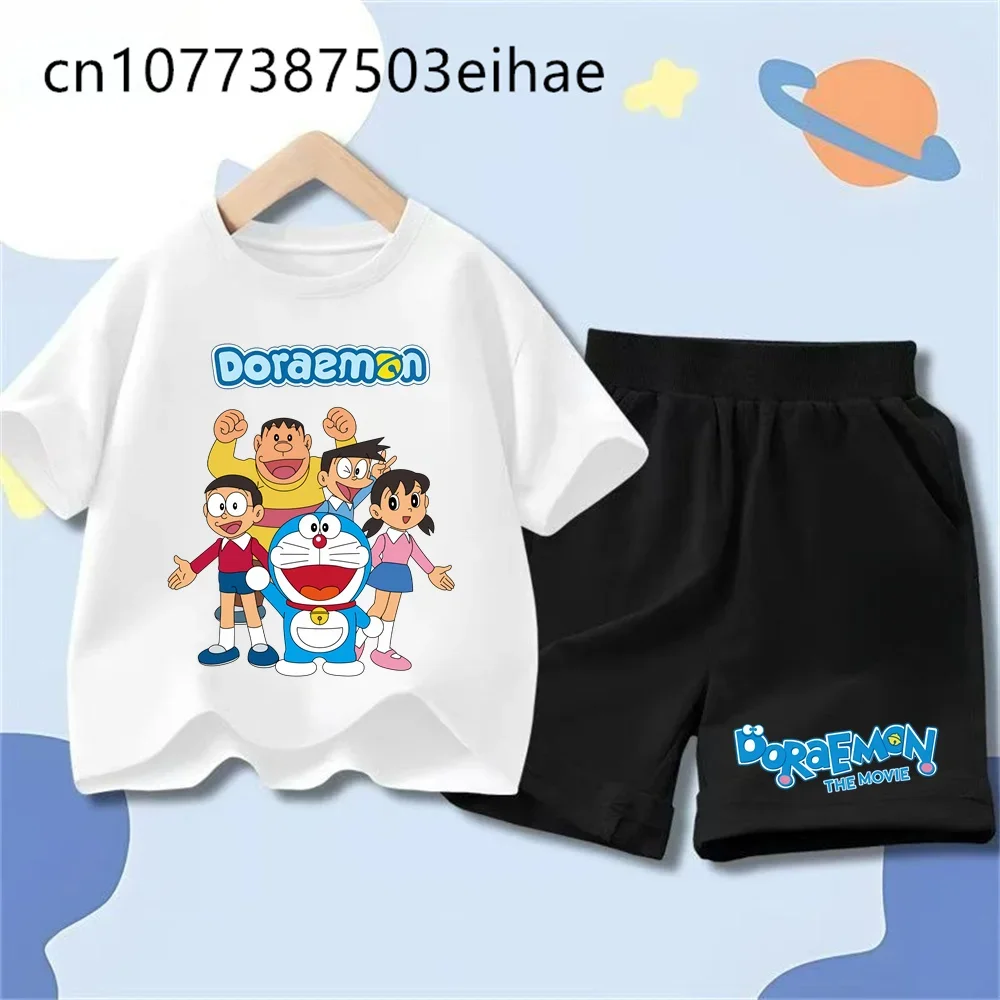 Doraemon Cartoon Print Kids 2-Piece Summer Outfit Short Sleeve Tee Sports Shorts Breathable Lightweight Outdoor Wear
