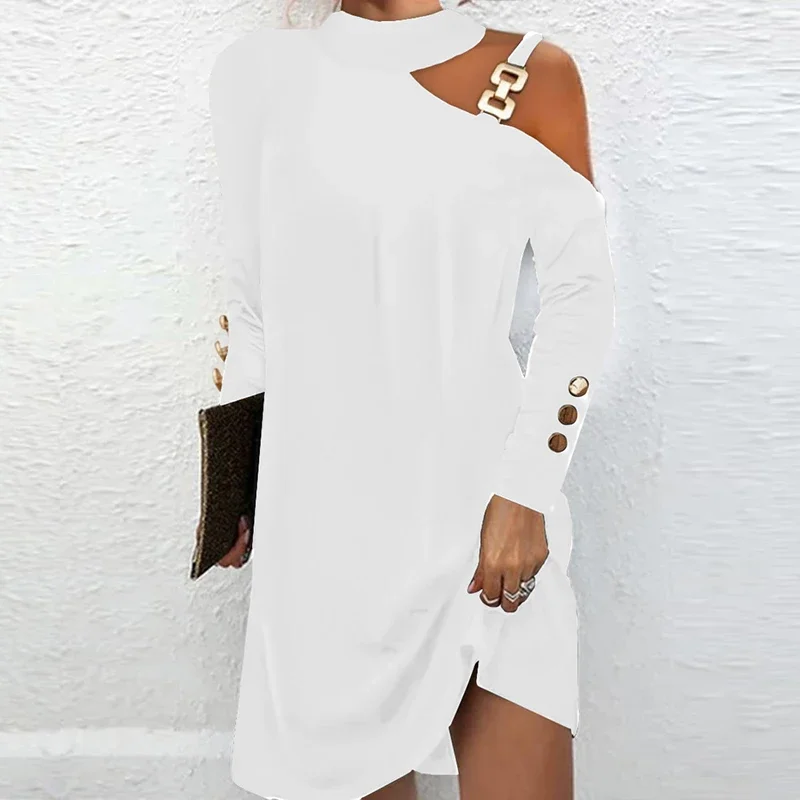 Women Sexy Off Shoulder Halter Neck Mini Dress Autumn Long Sleeve Casual Loose Solid Color Dresses Elegant Office Lady Clothing
