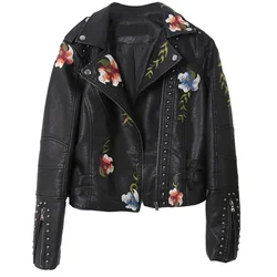 Women's Embroidered Rivet Heavy Metal Slim Fit Short Leather Jacket, Personalized Street Style Coat, Fashion